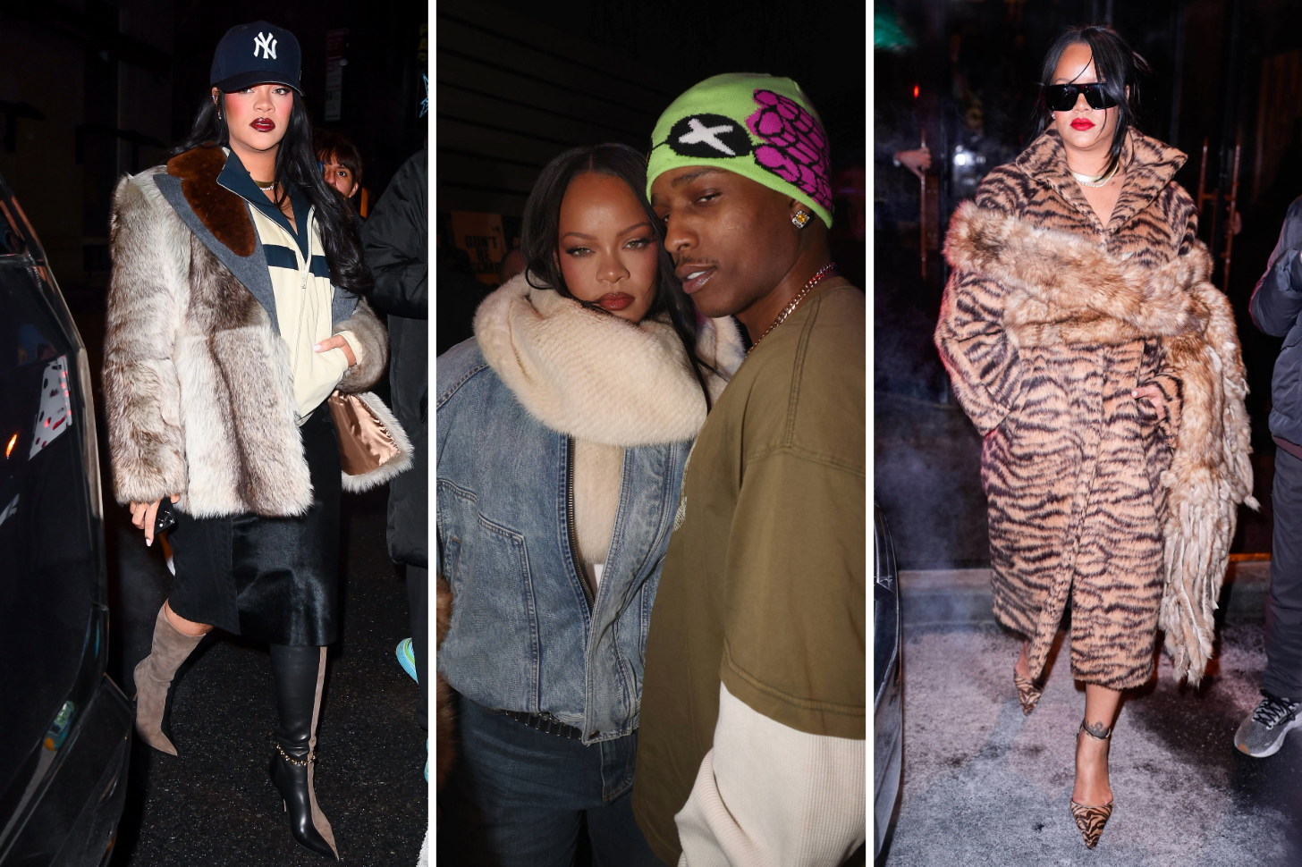 A three-photo collage shows Rihanna in street-style looks at night, wearing fur coats and sunglasses, including one image with A$AP Rocky standing close beside her; the photos highlight her winter fashion moments and the couple's coordinated, paparazzi-captured style.