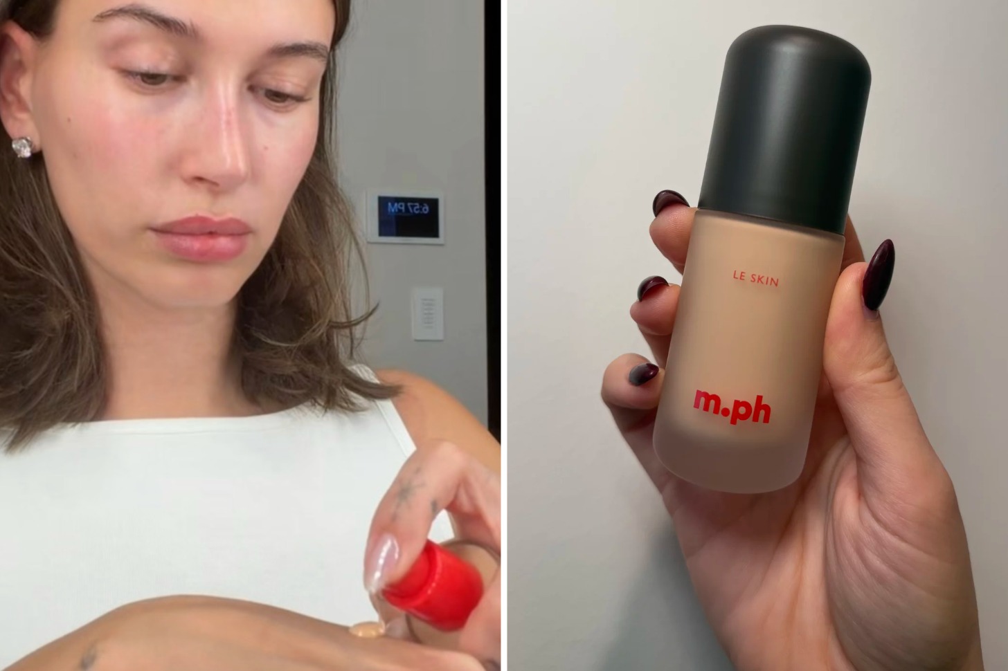 A two-up graphic of Hailey Bieber and an editor holding the M.ph by Mary Phillips foundation.