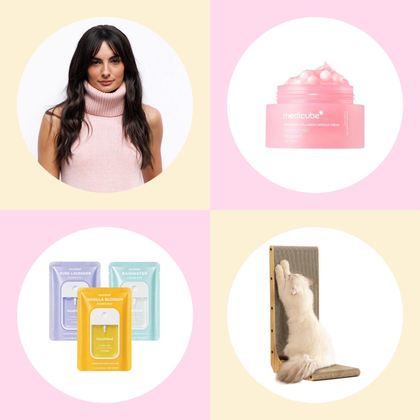 A 4-Up of Paige DeSorbo and Product Images of Medicube Cream, Hand Sanitizer, and a Cat Scratcher