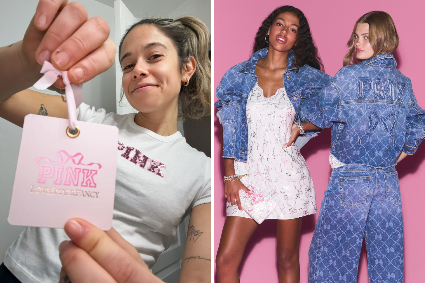 PS Shopping Director Sarah Wasilak Wearing Pink x LoveShackFancy Next to Pink x LoveShackFancy Campaign Image