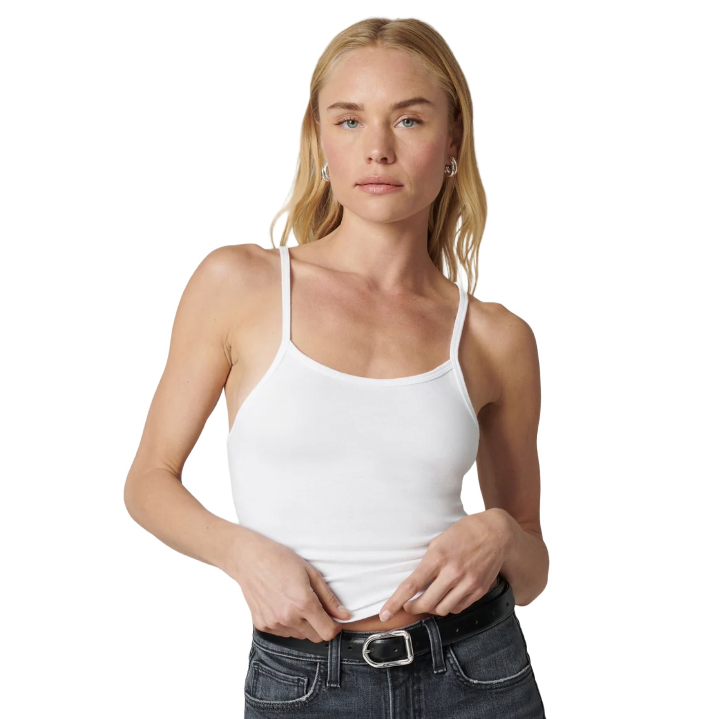 A model in a white tank top.