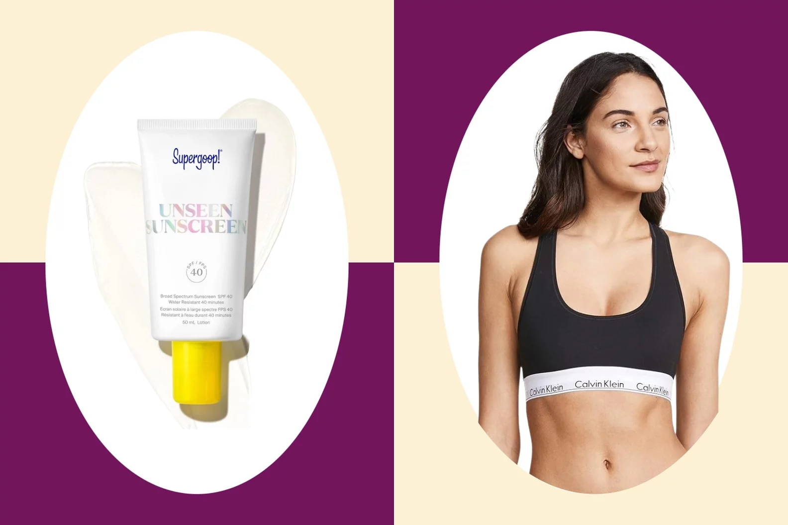 A two-up graphic of Supergoop Sunscreen and a model in a Calvin Klein sport's bra. 