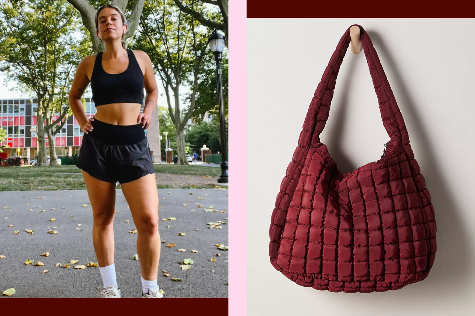 A Side by Side Photo of Shopping Director Sarah Wasilak in FP Movement and a Product Image of a Cranberry Quilted Tote Bag