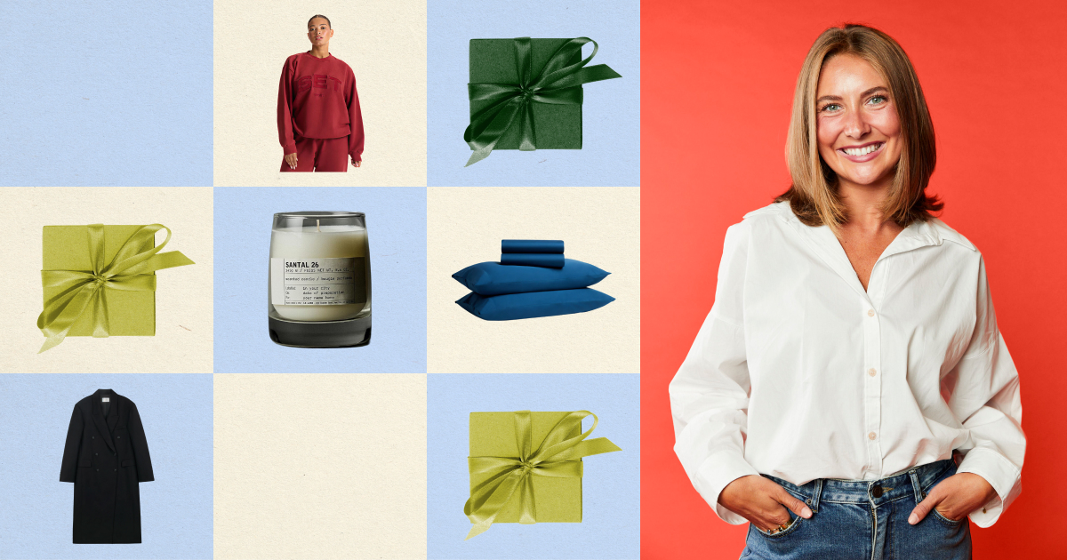 A graphic featuring holiday gifts and a women in a white top and jeans