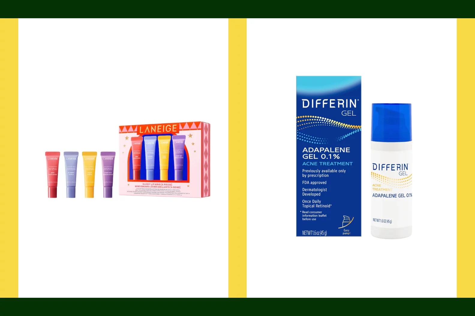 Product images of Laneige's lip balm set and Differin's acne treatment gel
