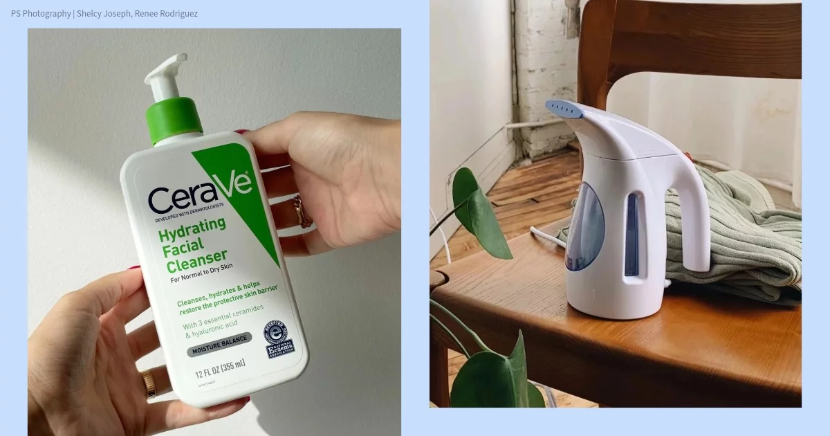 Product shots of CeraVe Hydrating Facial Cleanser and a Steamer on a table