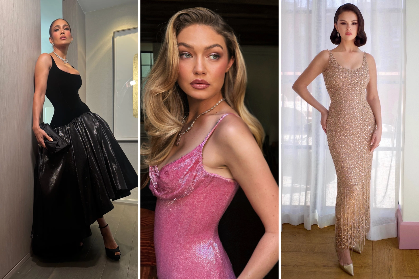 A 3-Up Image of Jennifer Lopez, Gigi Hadid, and Selena Gomez Dressed For Taylor Swift and Travis Kelce's Wedding