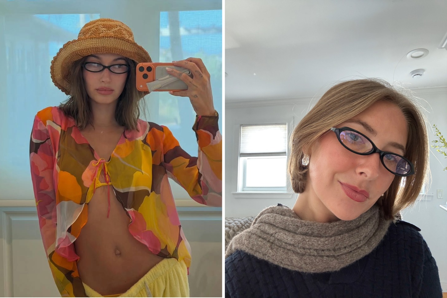 A side by side picture of a women wearing black glasses posing in a mirror and another smiling.