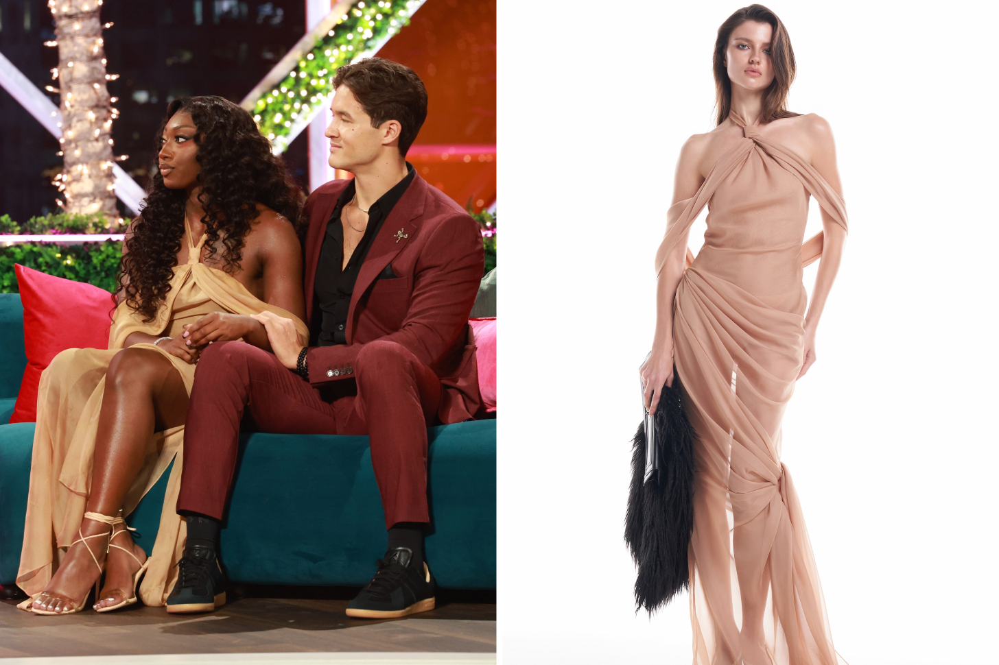A 2-Up of Aniya Harvey Wearing a DATT Dress at the Love Island Reunion Next to the Product Image