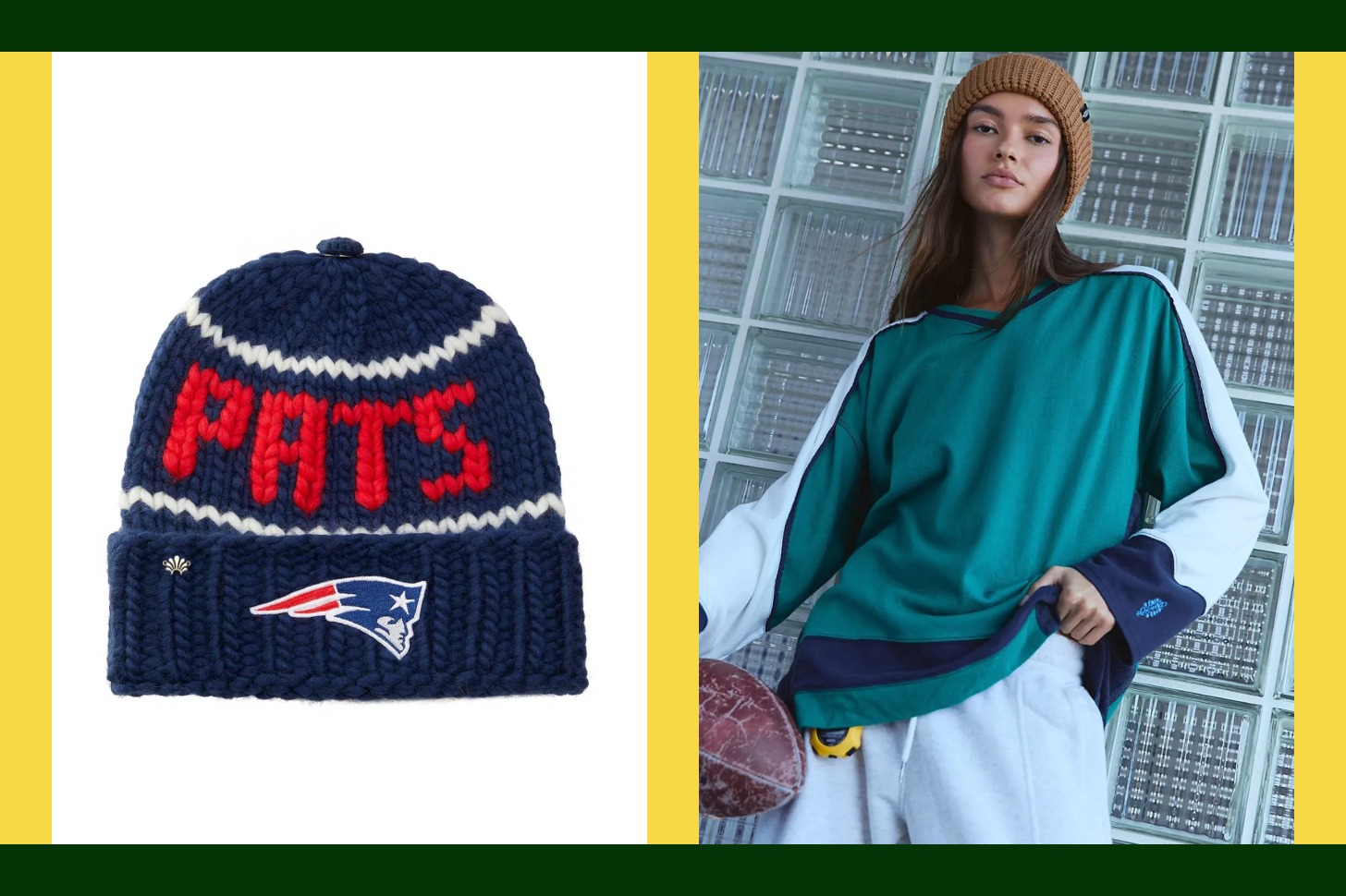 A side by side picture of a New England Patriots hat and Seattle Seahawks Hat 