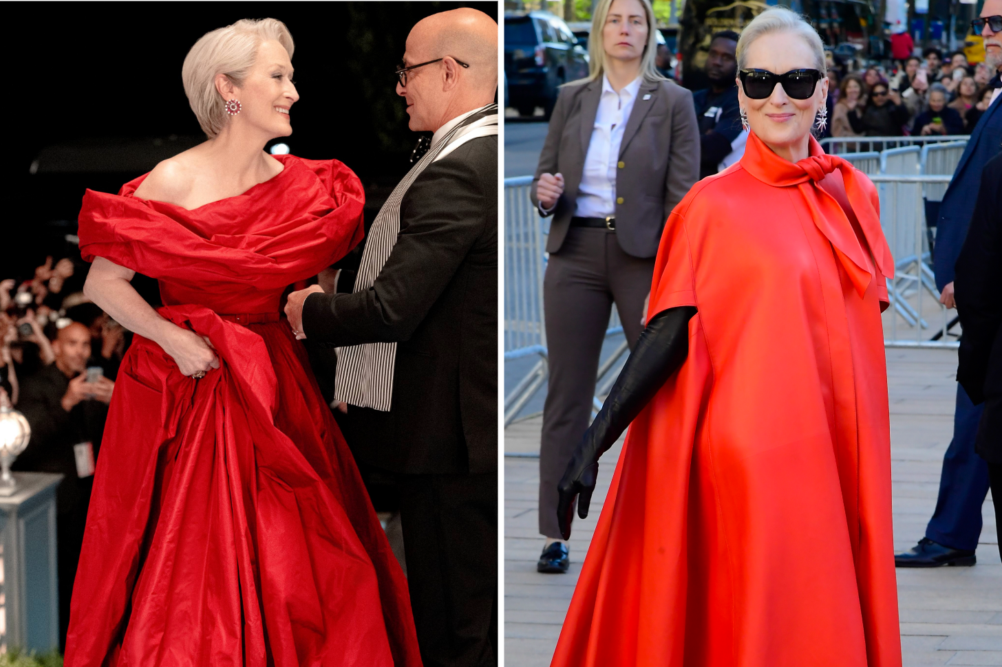 Miranda Priestly and Meryl Streep Side by Side in Red Dresses