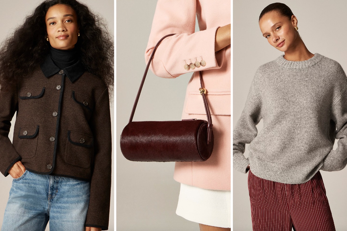 A three-up image of J.Crew's clothing and accessories.