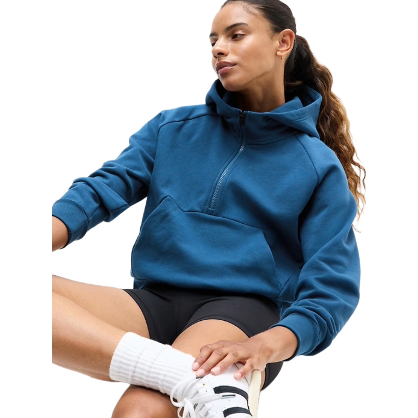 Model wearing blue fleece