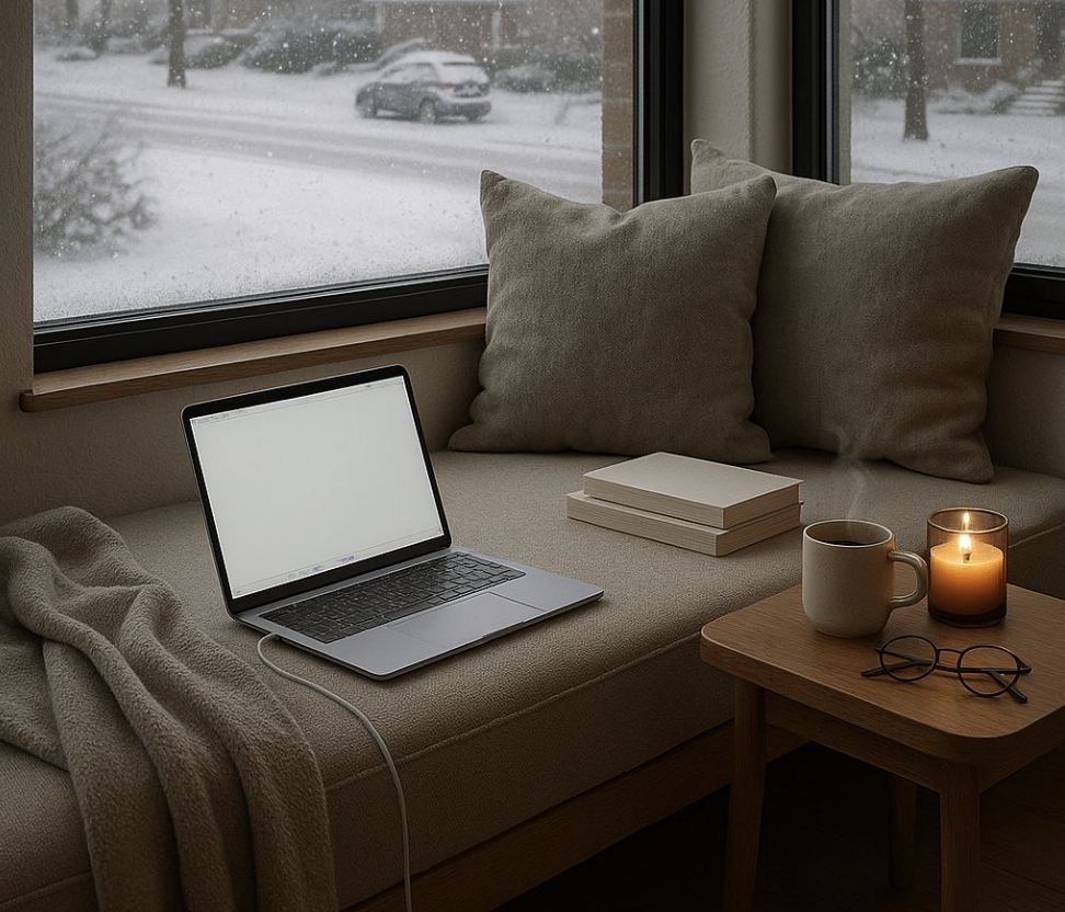 A reading nook with a blanket, laptop, books, and candle on a snowy day. 