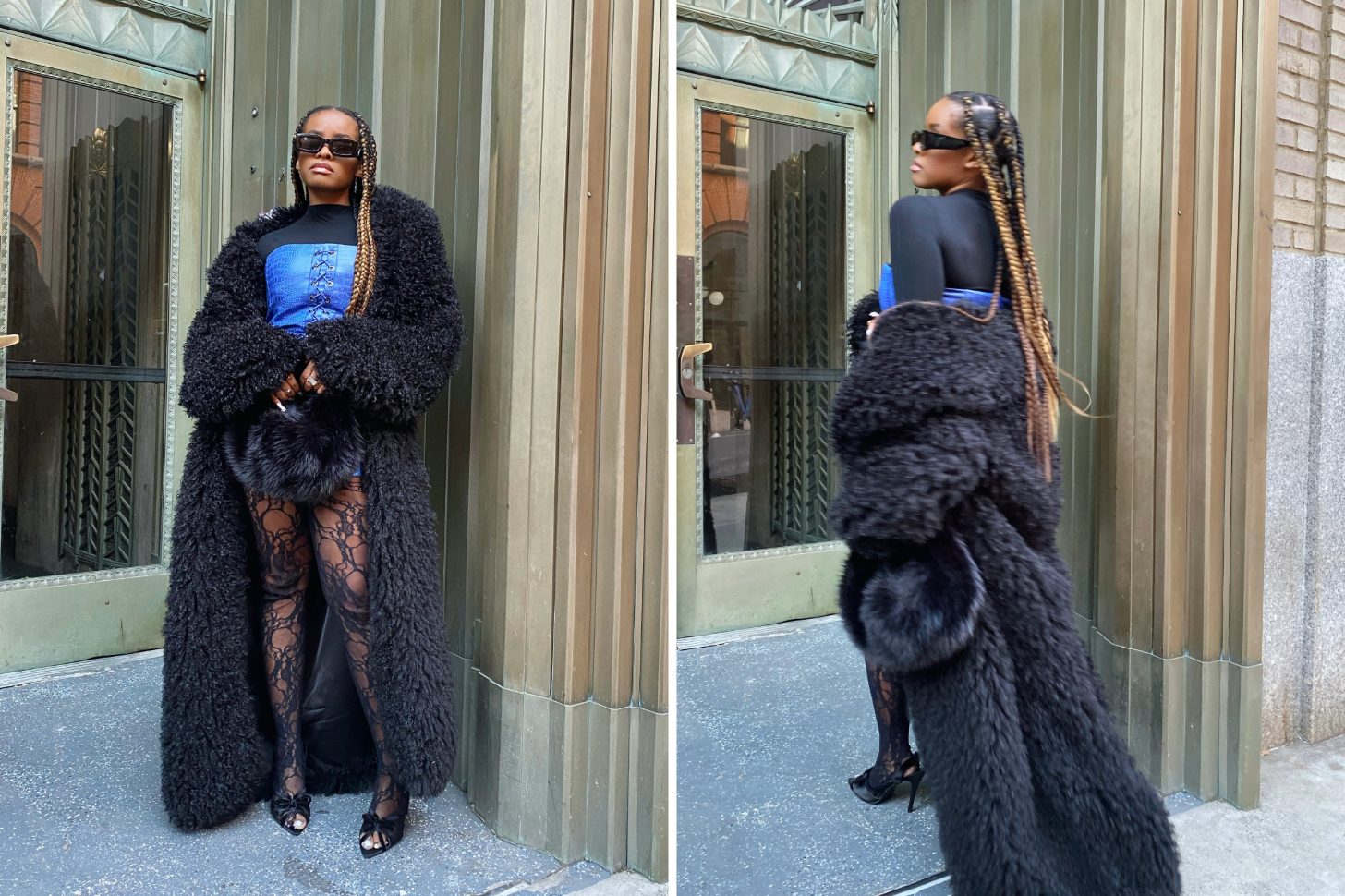 Two side-by-side photos of Naomi Parris posing outside an ornate building, wearing an oversized black faux-fur coat over a blue corset top, black long-sleeve layer, lace-pattern tights, and heels. Her hair is styled in long blond braids, and she wears dark sunglasses while turning slightly toward the camera in one shot and walking away in the other.