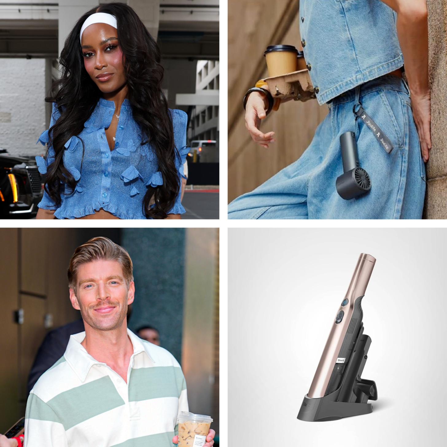 A Four-Square Collage of Ciara Miller, Product Image of a Handheld Fan, Kyle Cooke, and a Cordless Hand Vacuum