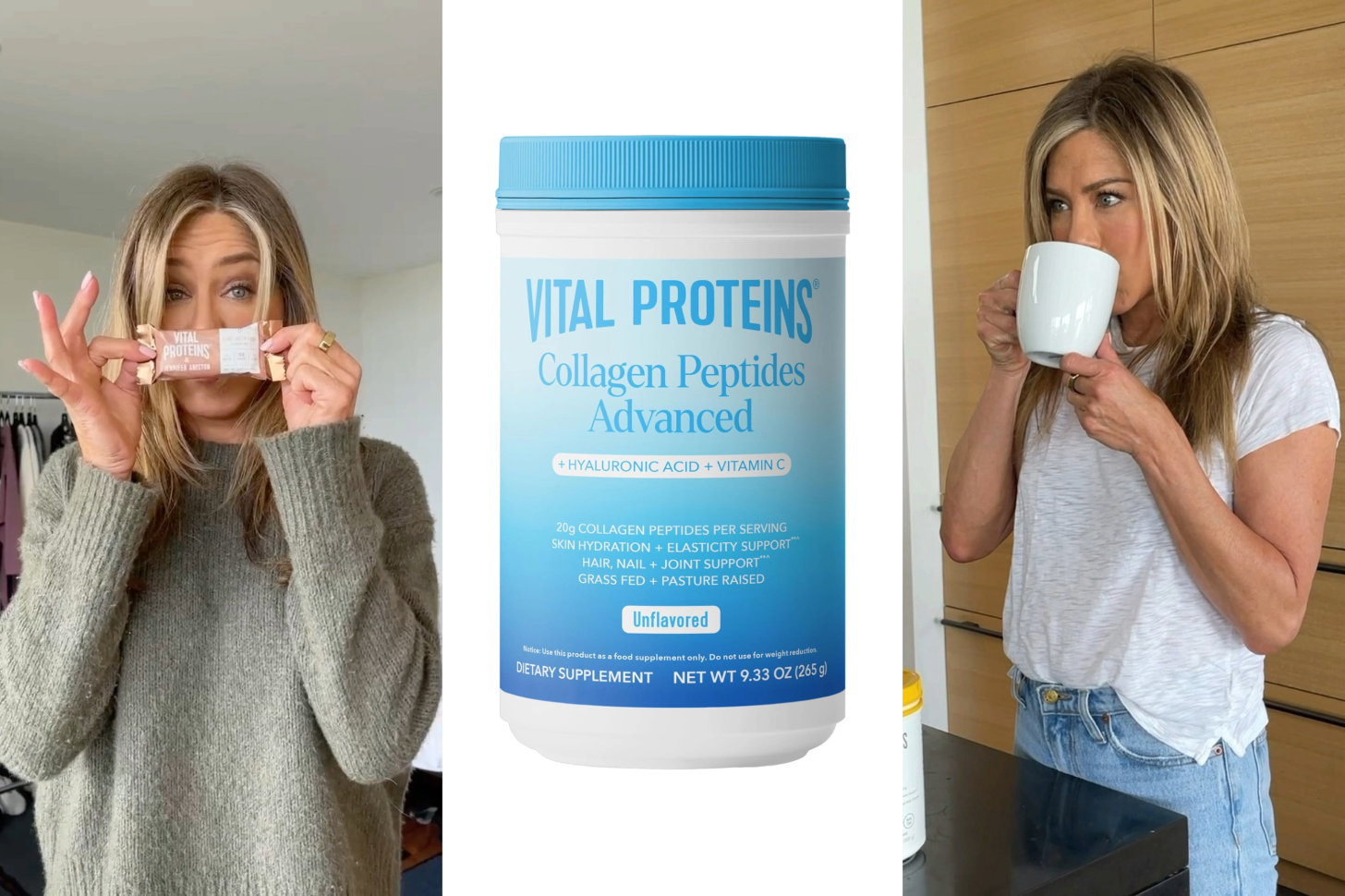 Jennifer Aniston Holding Up a Vital Proteins Bar, Product Image of Vital Proteins Collagen Peptides, Jennifer Aniston Sipping Cup of Coffee