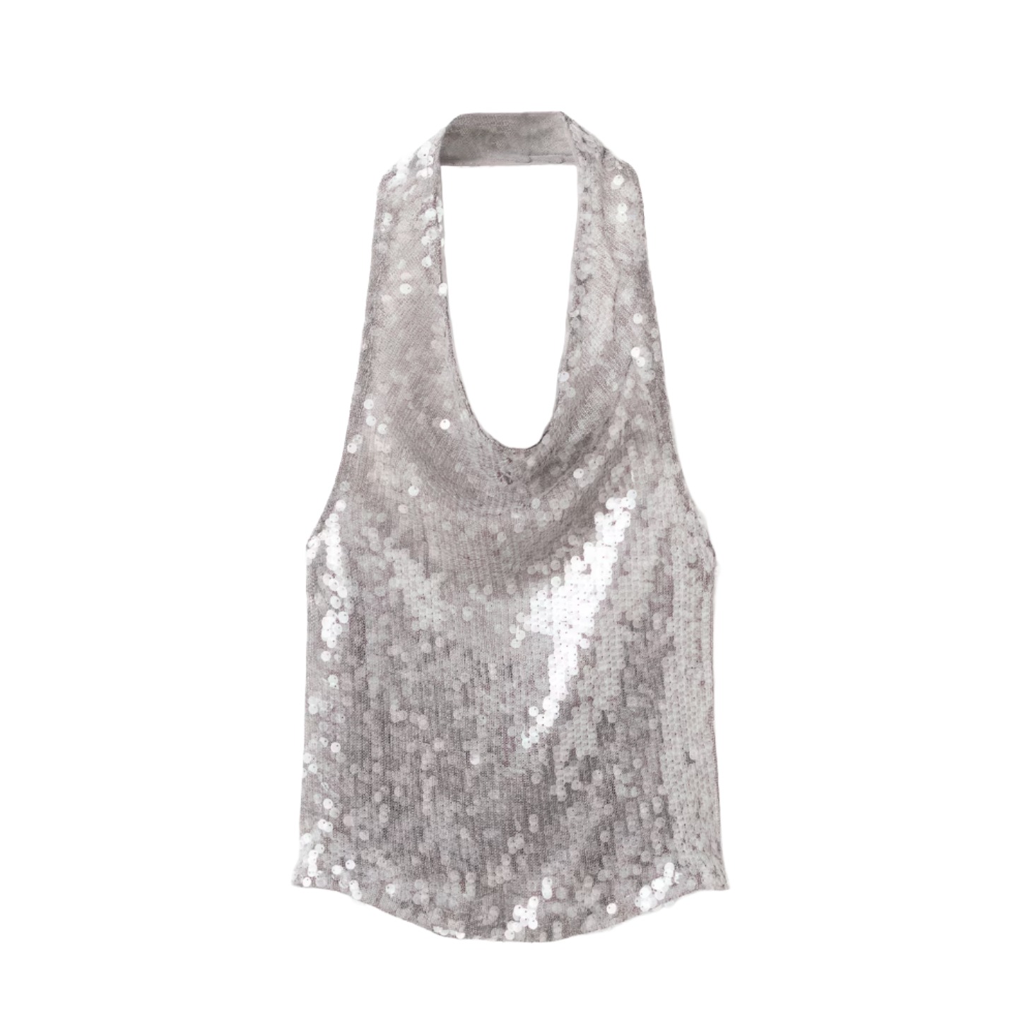 Sequin cowl-neck halter top.