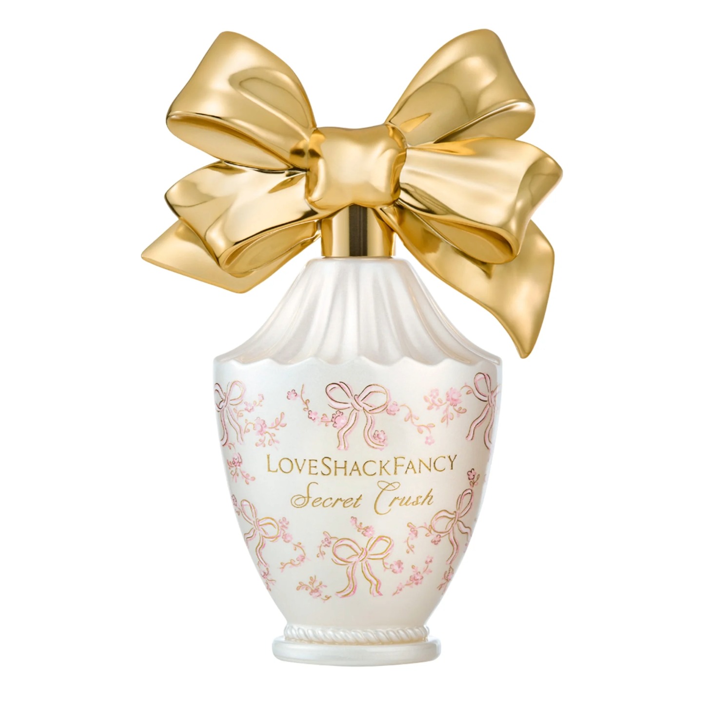 Perfume bottle with gold bow on top.