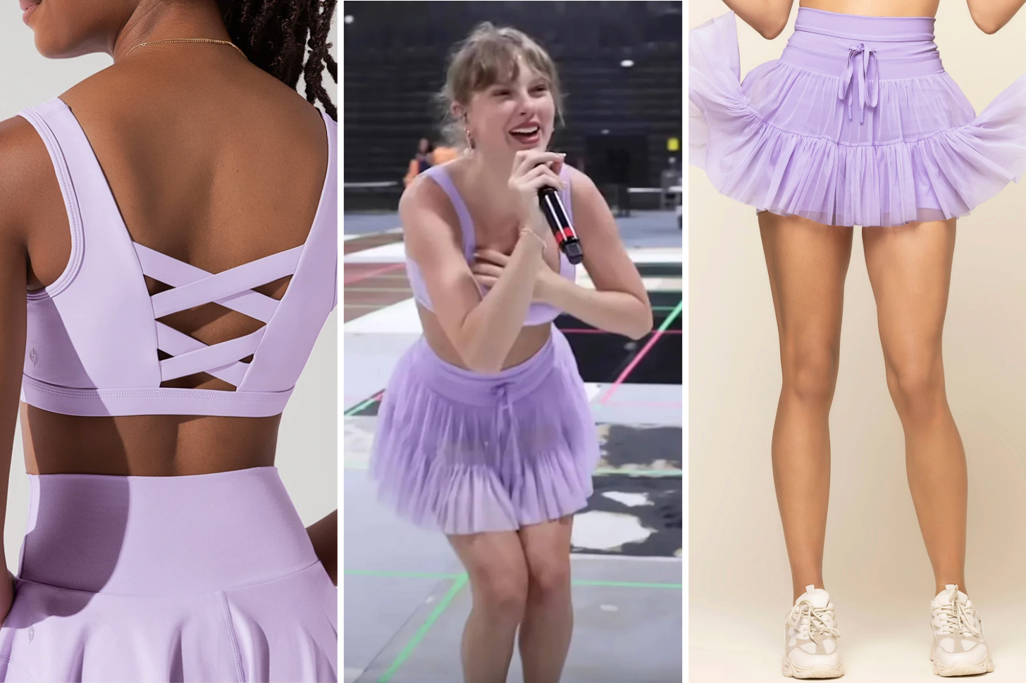 Taylor Swift Wearing Popflex Digital Lavender Pirouette Skort and Sports Bra