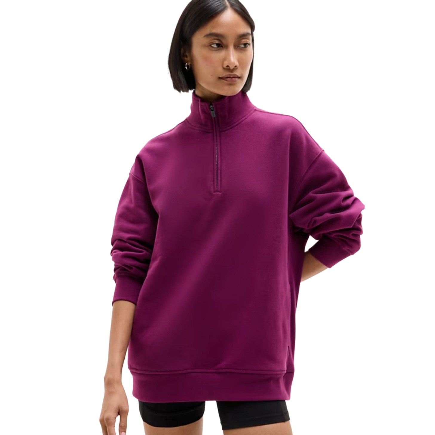 Model wearing magenta fleece