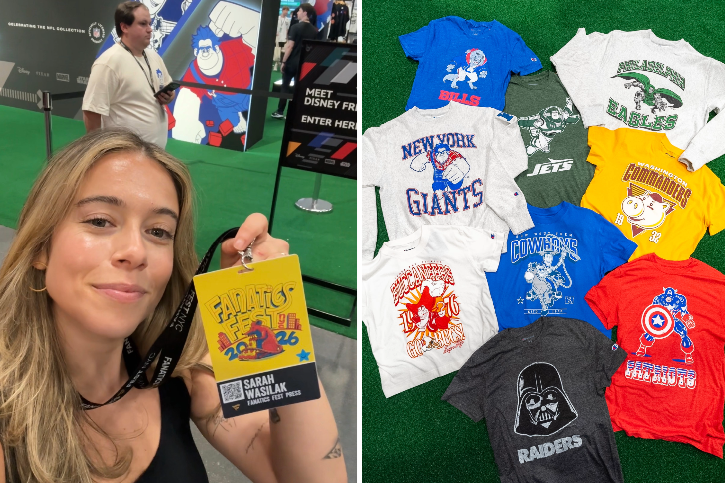 A 2-Up of Sarah Wasilak Holding Her Media Badge at Fanatics Fest and the Disney x Champion NFL Collection