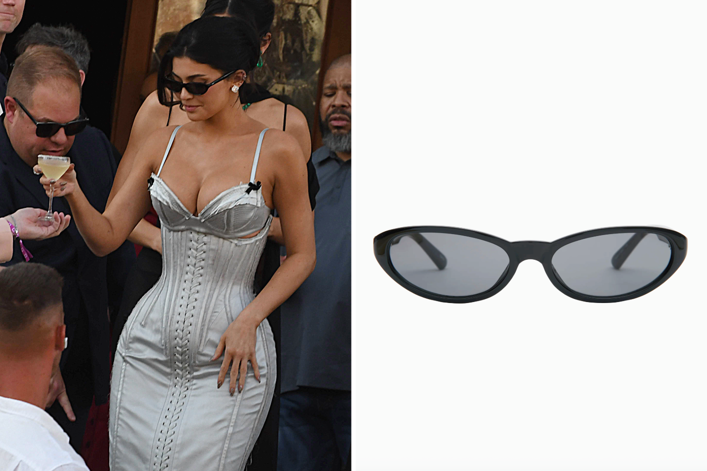 Kylie Jenner Wearing Black Otra Eyewear Sunglasses Next to a Product Picture of the Lulu