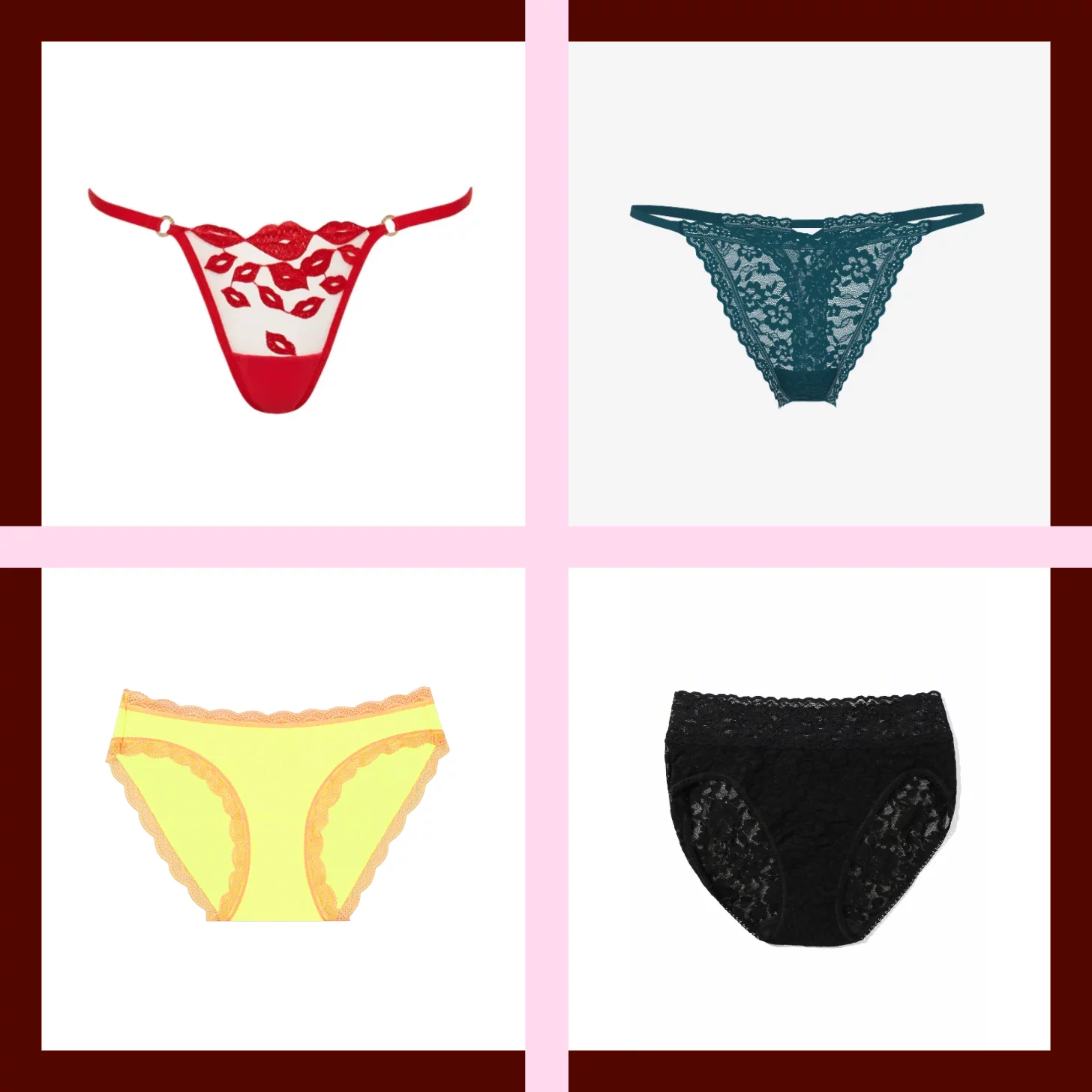 A four-up graphic showcasing red, green,  yellow, and black underwear.