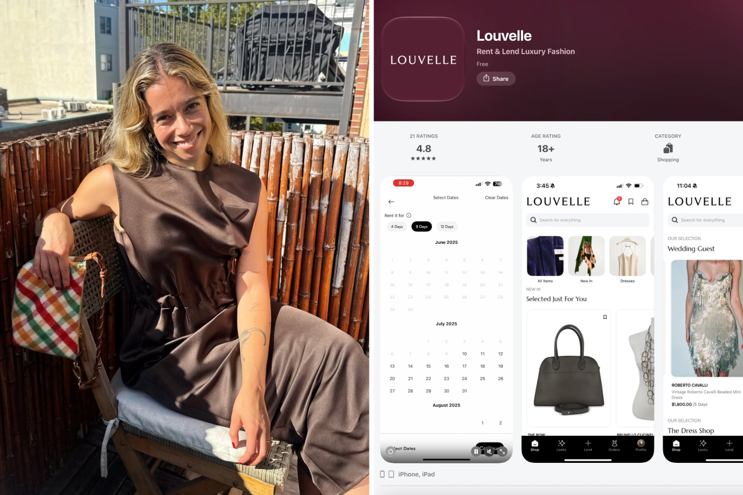 A 2-Up of Sarah Wasilak Wearing a Brown Prada Dress and a Screen Shot of the Louvelle App