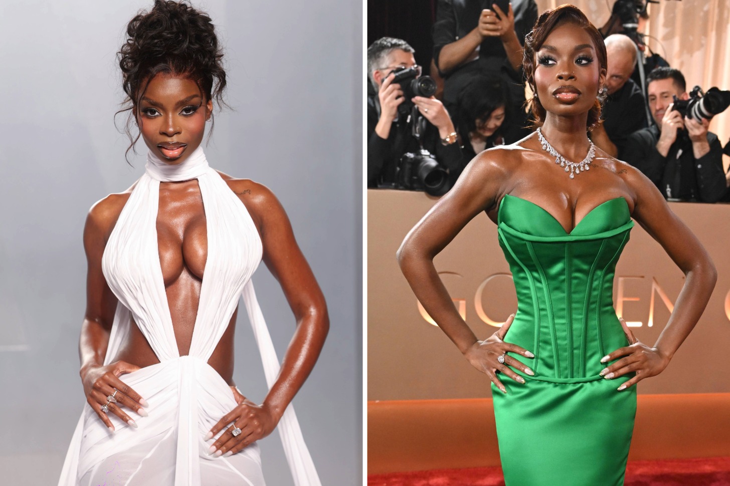 Olandria Carthen in a white gown (left) and green gown (right). 