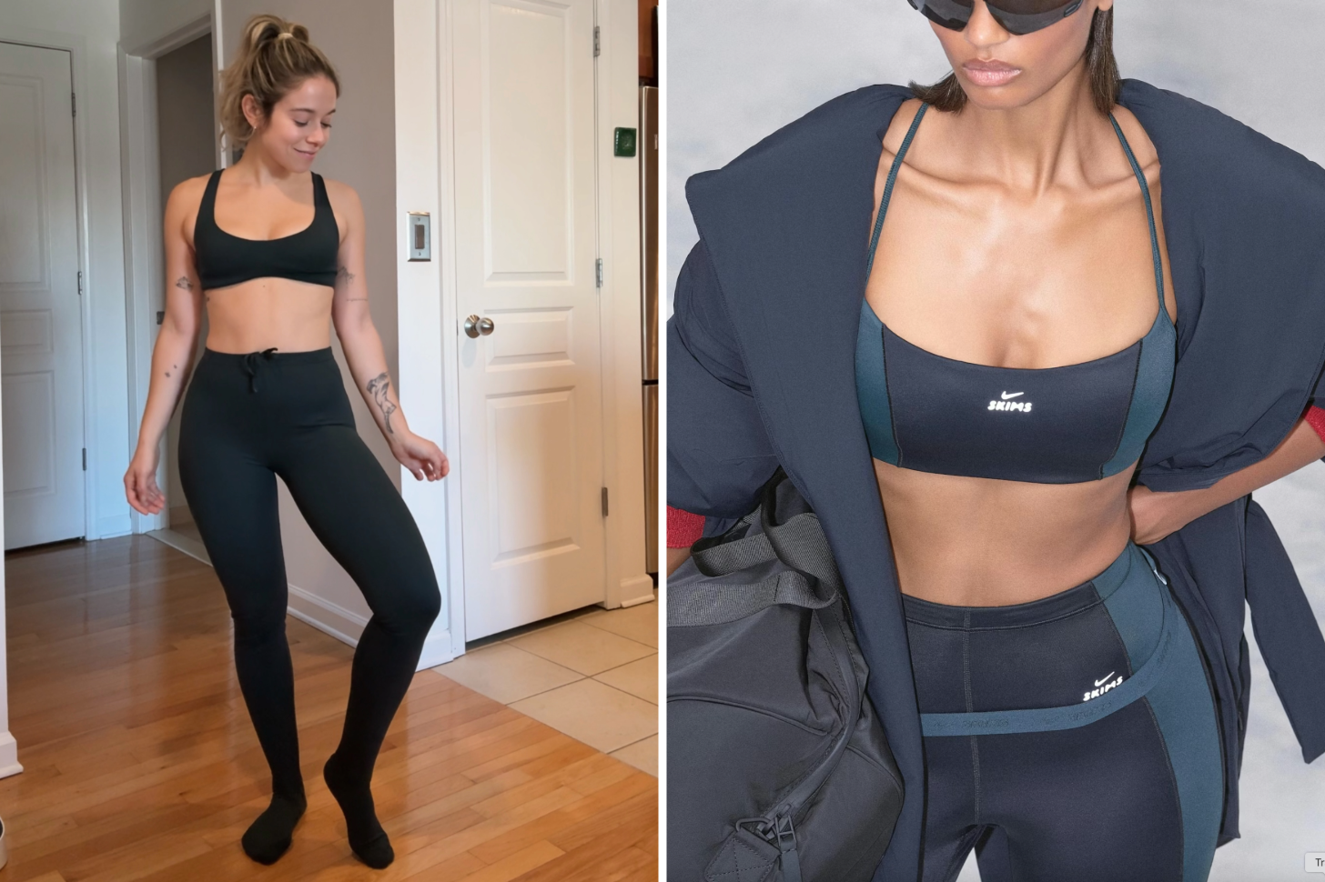 PS Shopping Director Sarah Wasilak Wearing a NikeSKIMS Set Next to a NikeSkims Campaign Image