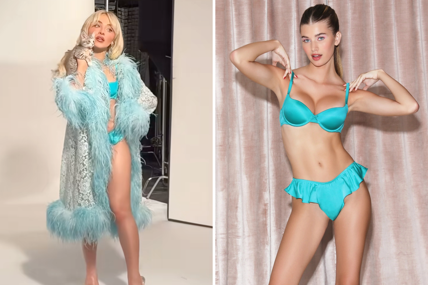 Sabrina Carpenter Wearing a Turquoise Lingerie Set Next to Fleur du Mal Model in Same Set