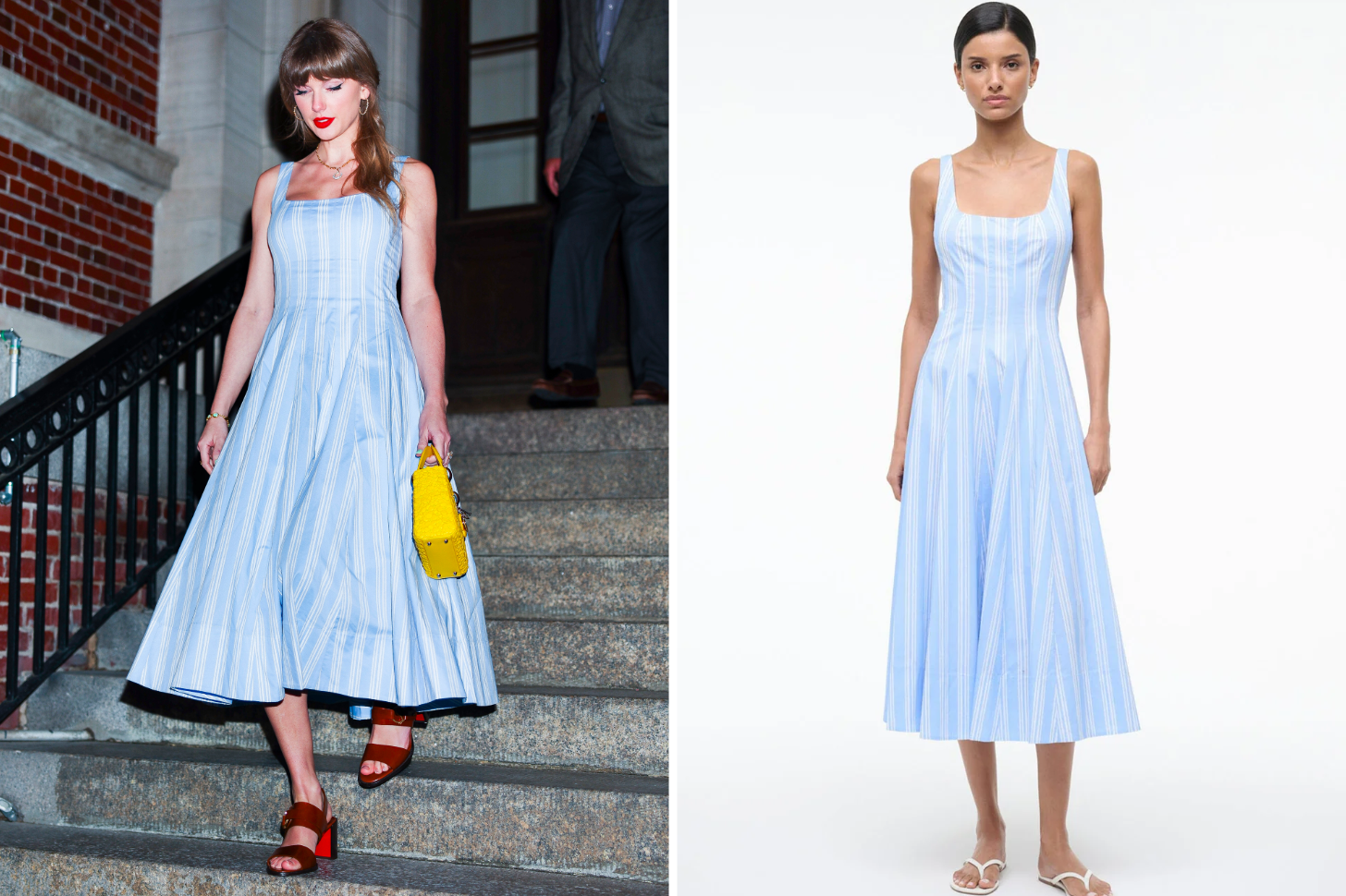Taylor Swift Wearing a Blue Striped Staud Dress Next to the Model Product Image
