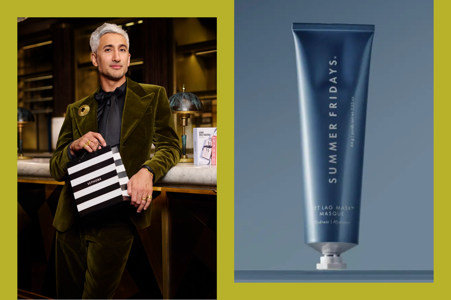 Tan France poses indoors in a velvet suit, holding a black-and-white Sephora shopping bag at a counter. Beside him, a separate close-up shows a tube of Summer Fridays' 