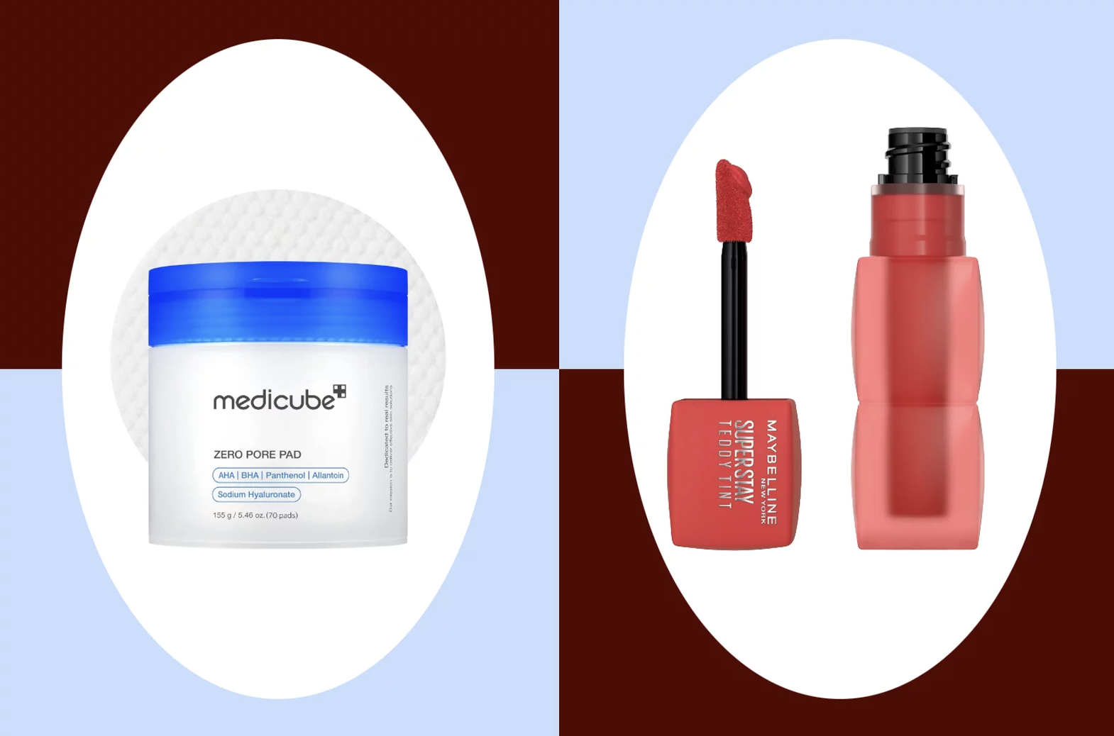 Side-by-side collage of Medicube Zero Pore Pads and Maybelline's Super Stay Teddy Tint