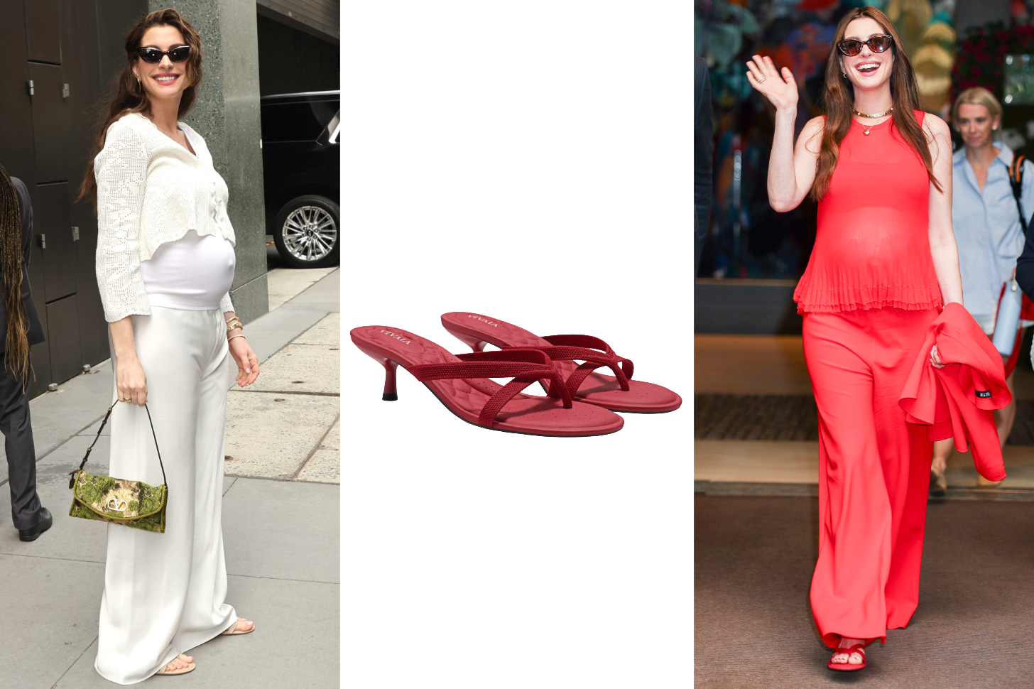 3-Up Photo Collage of Anne Hathaway's Street Style in NYC and a Pair of Red VIVAIA Sandals
