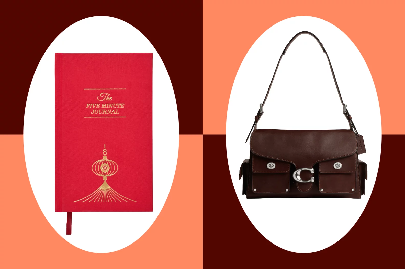 Product Photos of The Five Minute Journal and a Brown Coach Bag