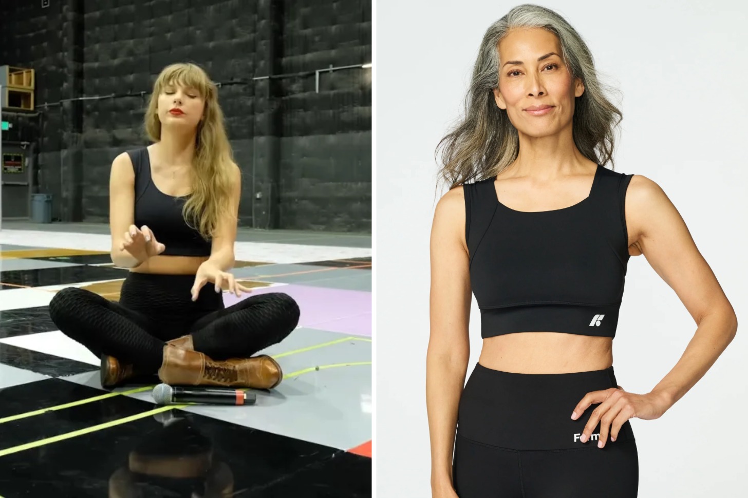 A two-up graphic of Taylor Swift in a black workout outfit and a model in a black sports bra.