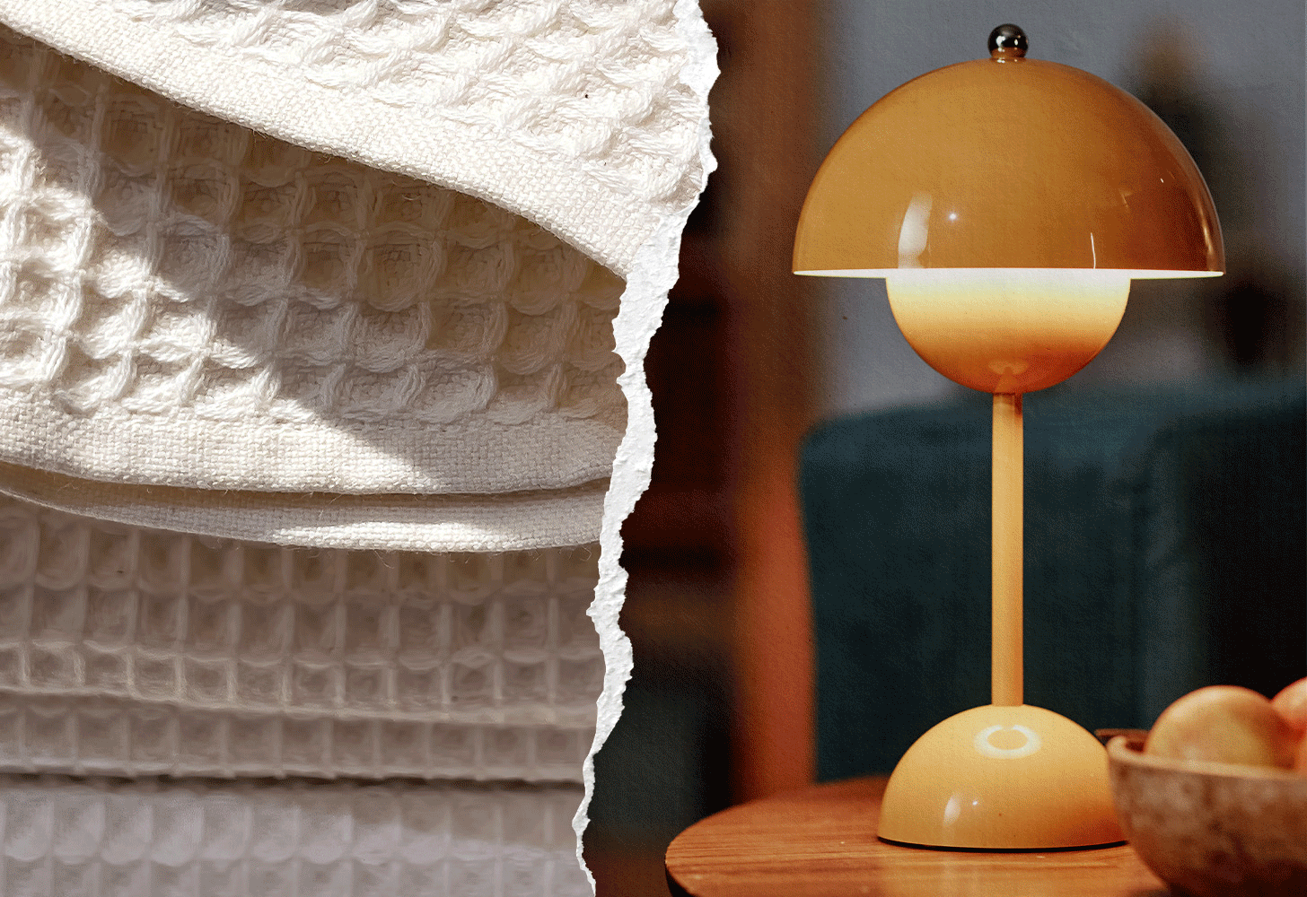 A graphic of a candle, light, blanket, and journal 