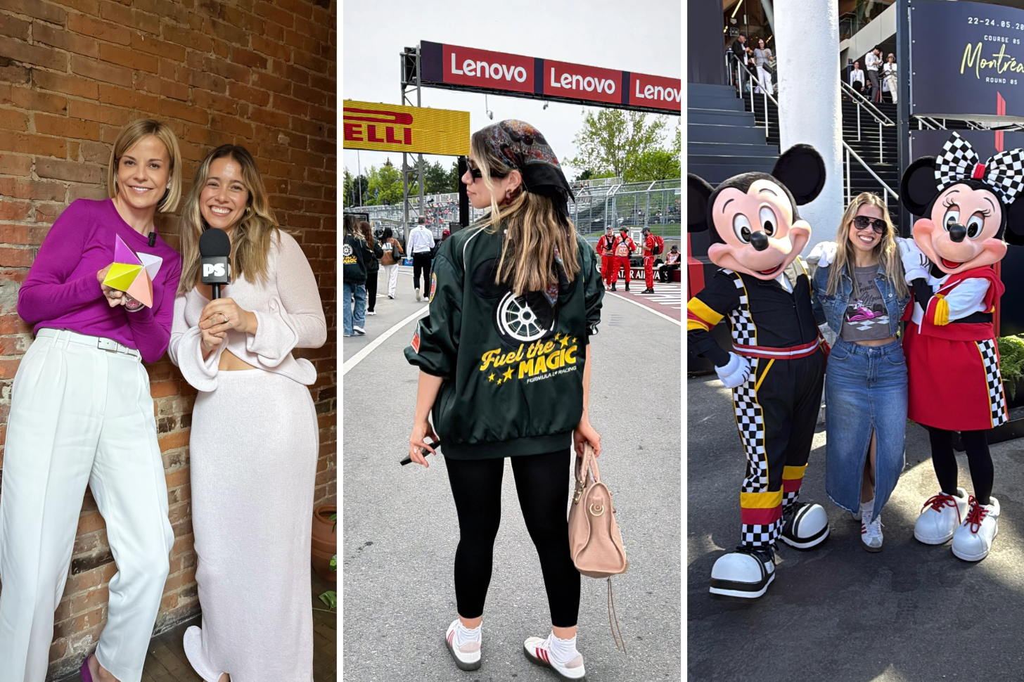 A Collage of Shopping Director Sarah Wasilak at the Canadian Grand Prix With Susie Wolff and Mickey and Minnie