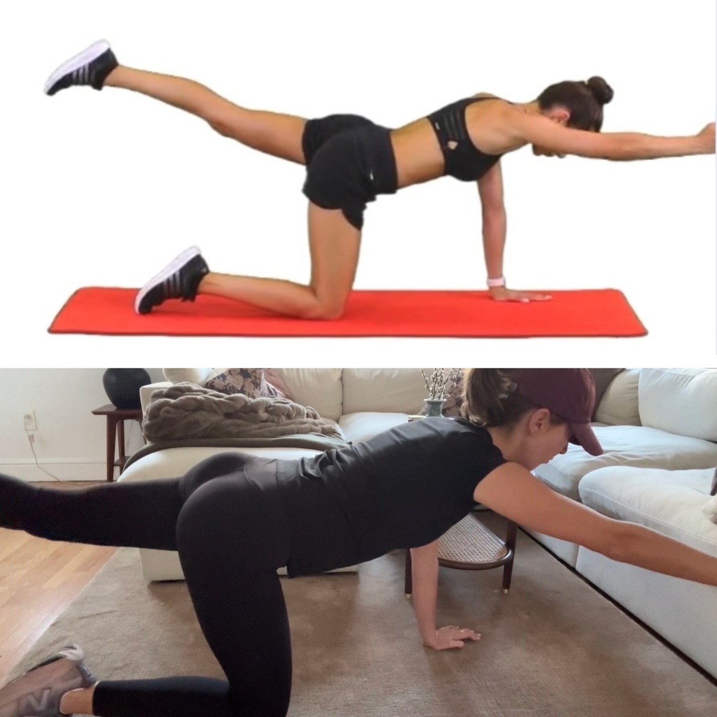 A side by side picture of a women doing an ab workout.