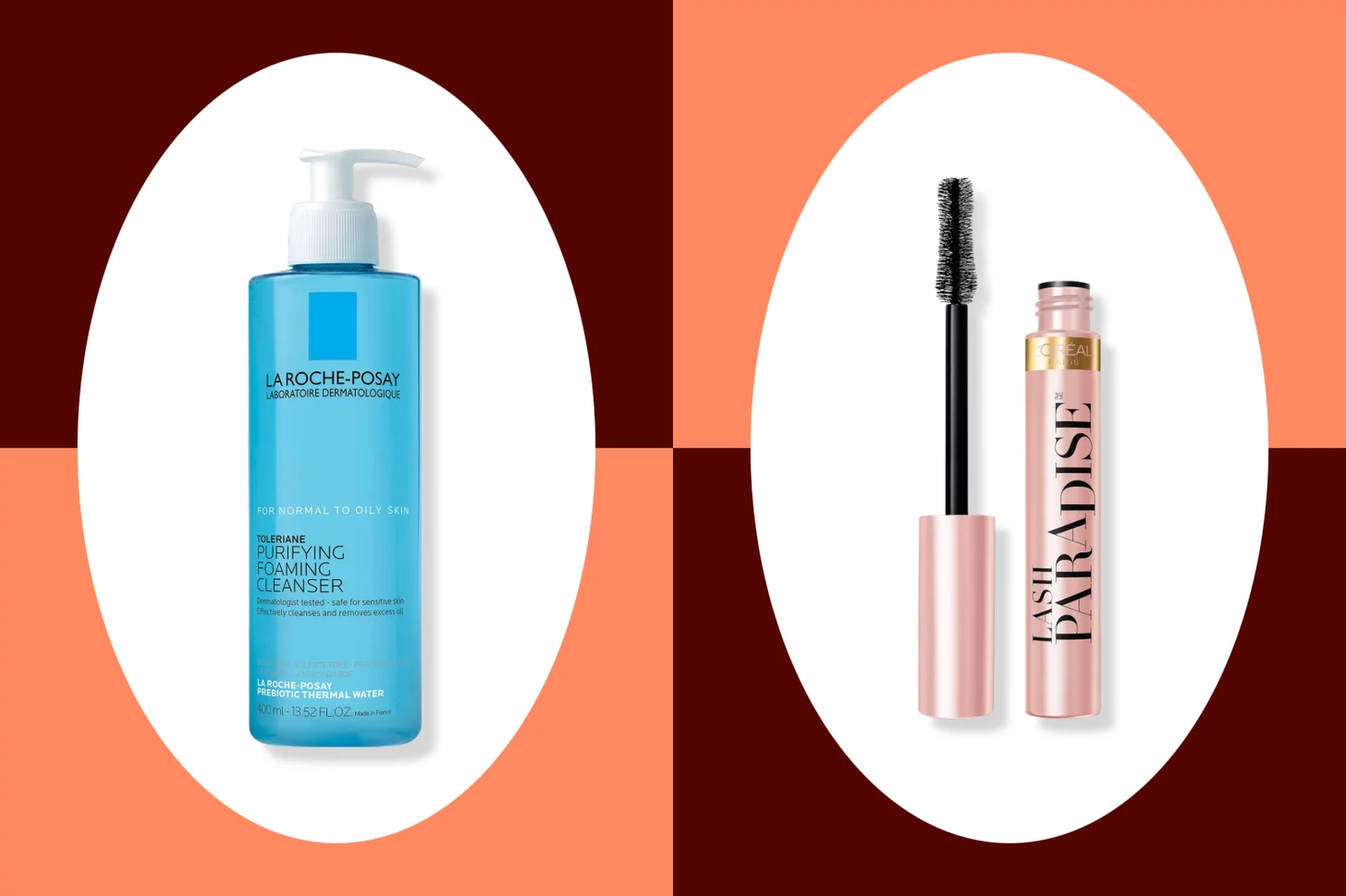 Product images of La Roche Posay Foaming Cleanser and L'Oréal Mascara