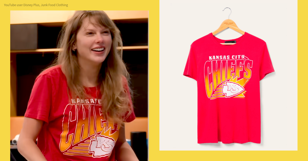 Taylor Swift Wearing a Red Kansas City Chiefs T-Shirt next to a Product Image of the T-Shirt