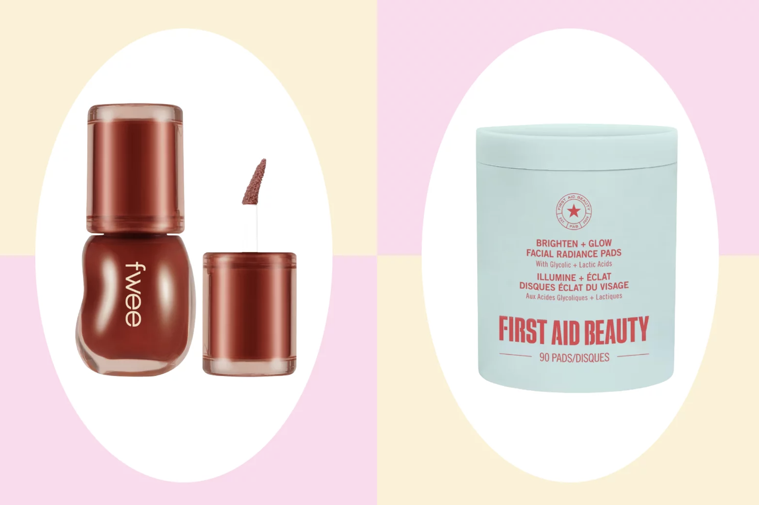 Side-by-side collage of Fwee lip gloss and First Aid Beauty's face pads.