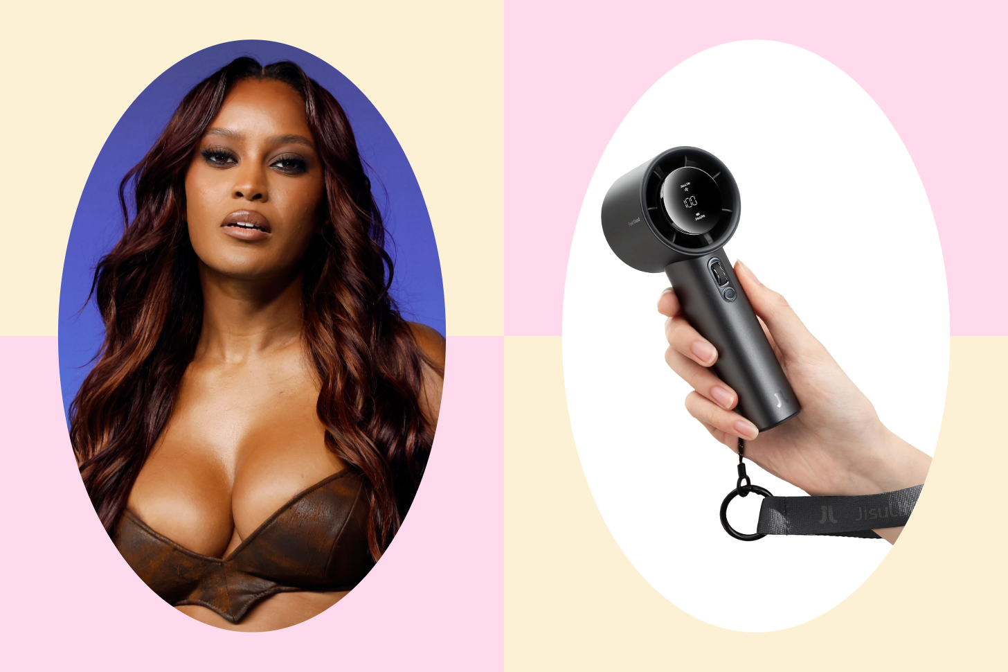A 2-Up of Ciara Miller With a Product Image of a Handheld Fan