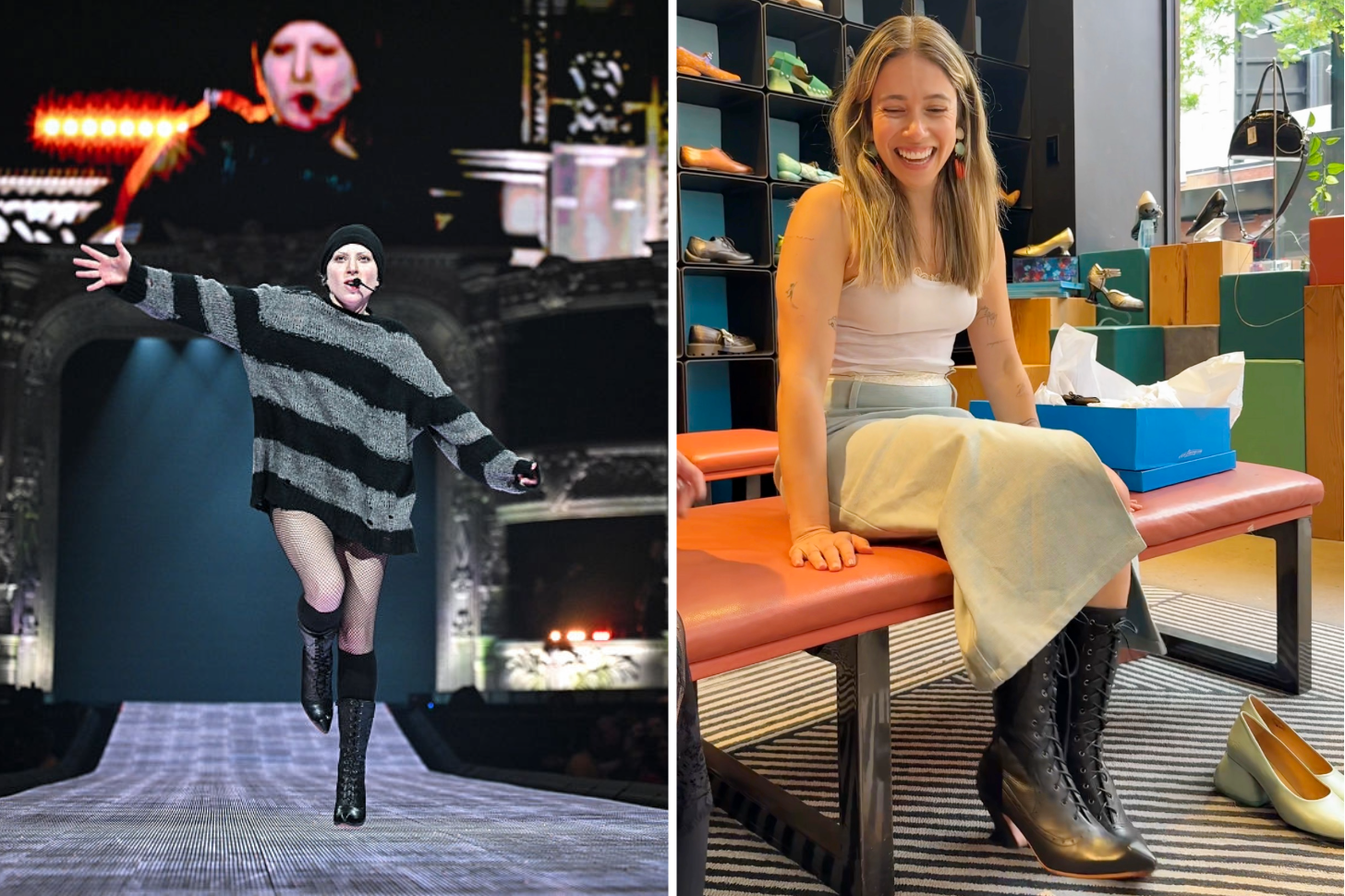 Images of Lady Gaga and Shopping Director Sarah Wasilak Wearing the John Fluevog Chaminade Boots