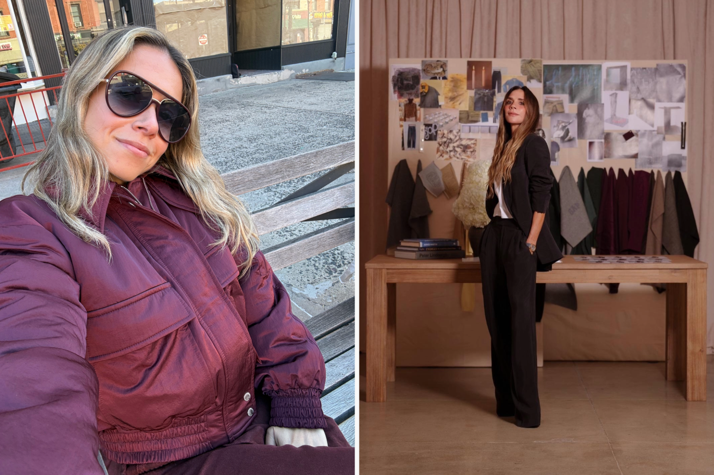 A 2-Up of Sarah Wasilak Wearing a Red Victoria Beckham x Gap Bomber Jacket Next to a Campaign Image of Victoria Beckham