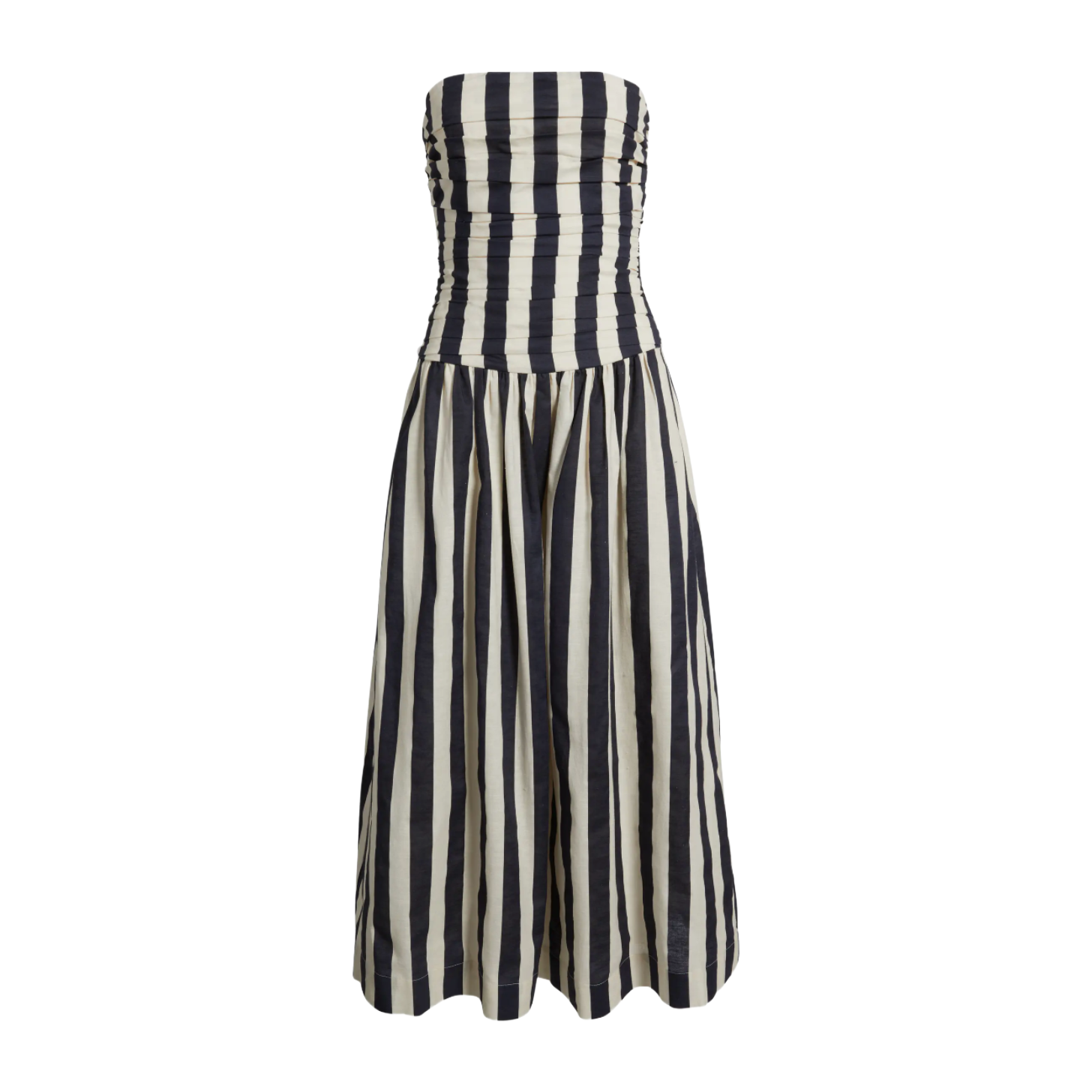 Moon River Stripe Ruched Strapless Midi Dress