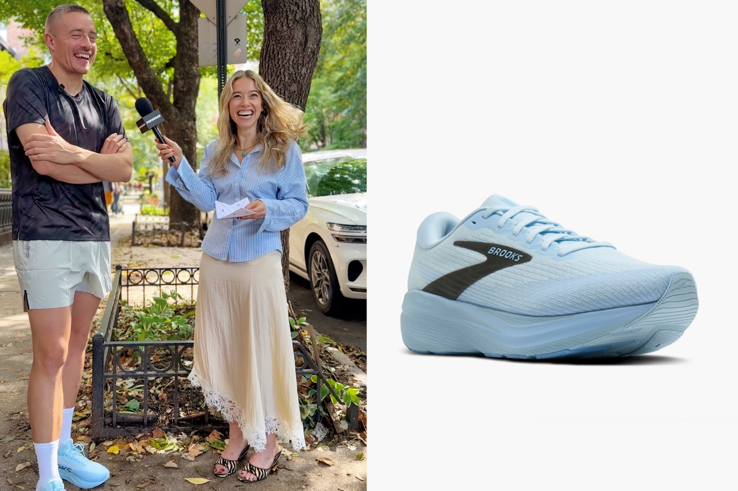 A 2-Up of Sarah Wasilak Interviewing Dermot Kennedy and a Pair of Brooks Running Shoes