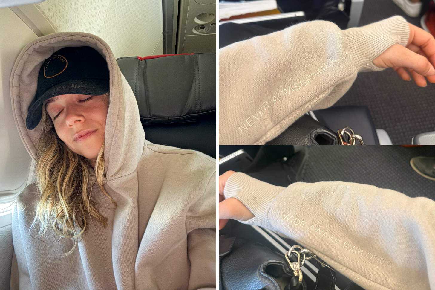 Sarah Wasilak Wearing a Trtl Travel Hoodie in Khaki